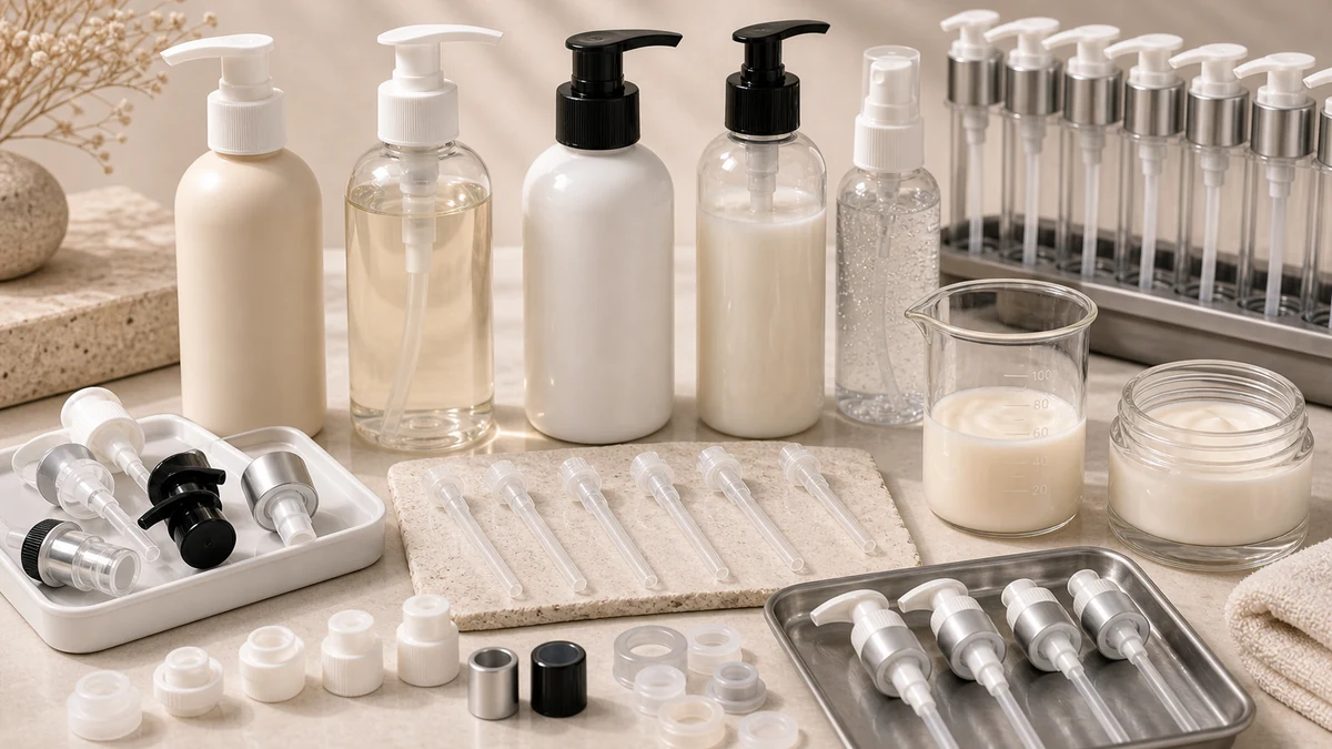What Is a Lotion Pump? Output, Lock Types and Bottle Fit product samples with packaging components and procurement review mat