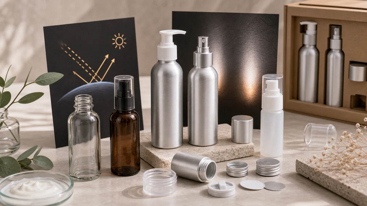Benefits of Aluminum Bottles for Skincare Packaging product samples with packaging components and procurement review material