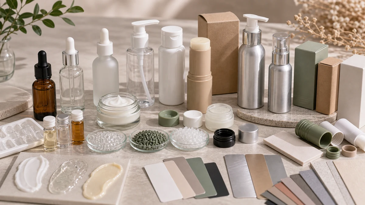 Cosmetic Packaging Materials  Glass, Plastic, Aluminum and Mono Material product samples with packaging components and procur