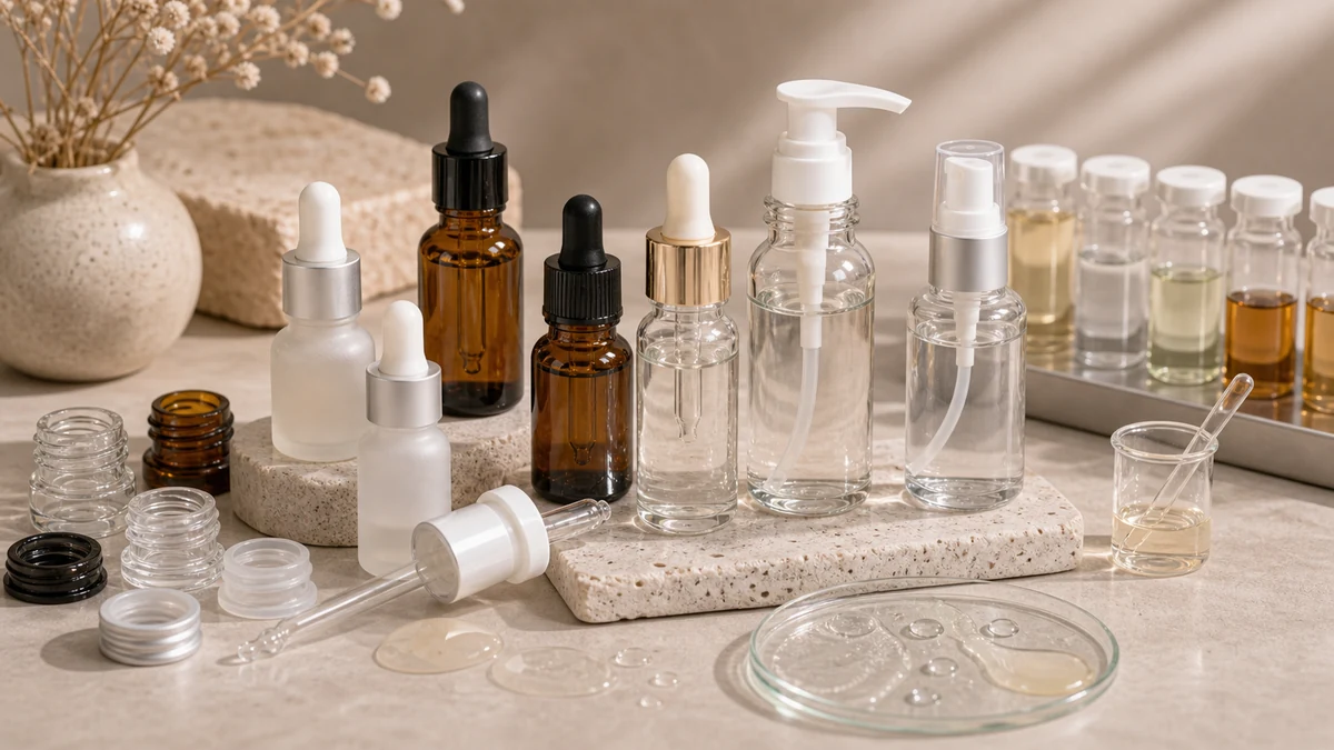 Glass Bottle for Skincare Serum  Dropper, Pump and Amber Glass product samples with packaging components and procurement revi