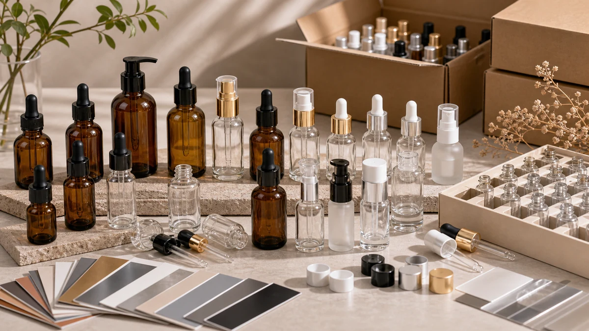 Wholesale Glass Bottle for Skincare  MOQ, Closures and Testing product samples with packaging components and procurement revi