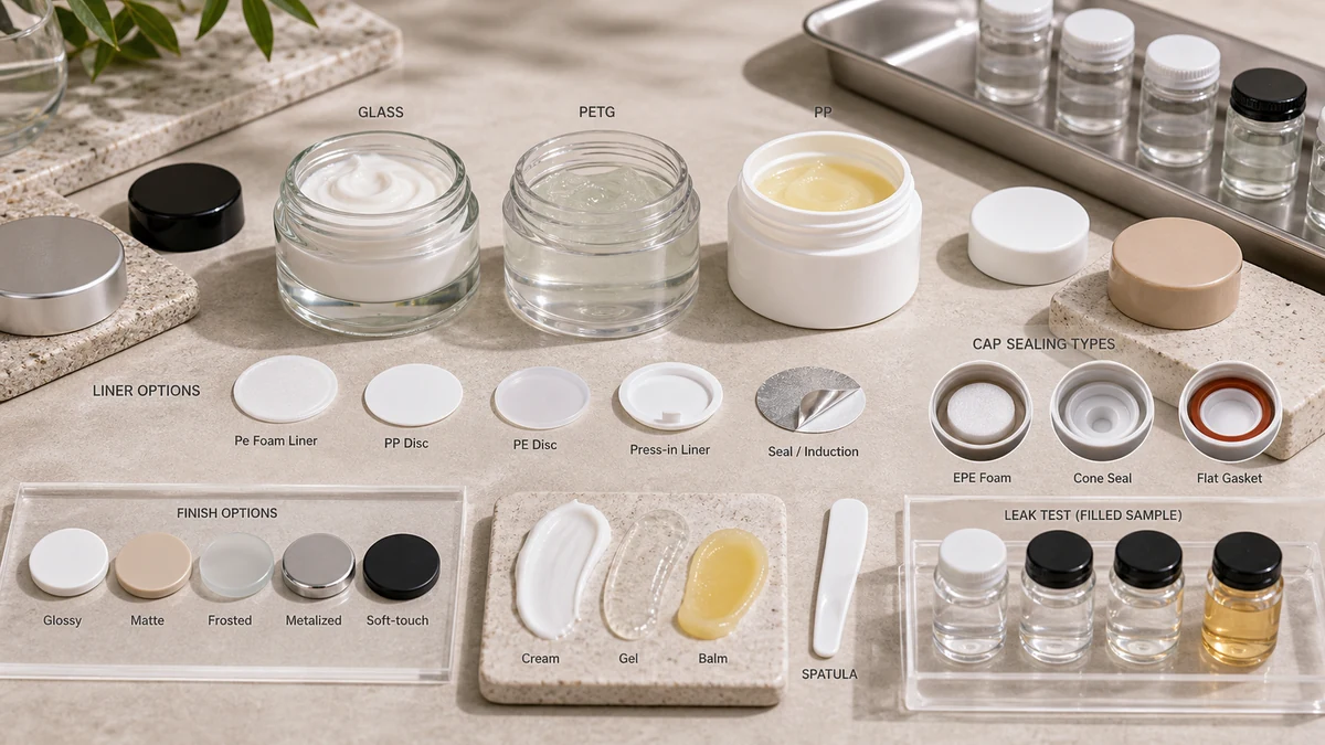 Cosmetic jar material, liner, cap seal, finish and filled sample leak test options for buyer review