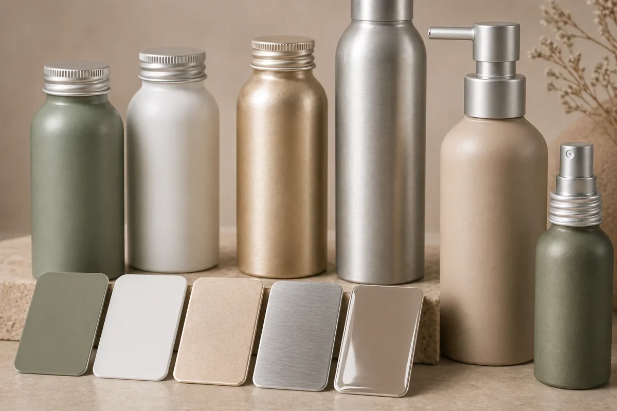 Aluminum skincare bottle finish swatches with matte, brushed, metallic and color coating options