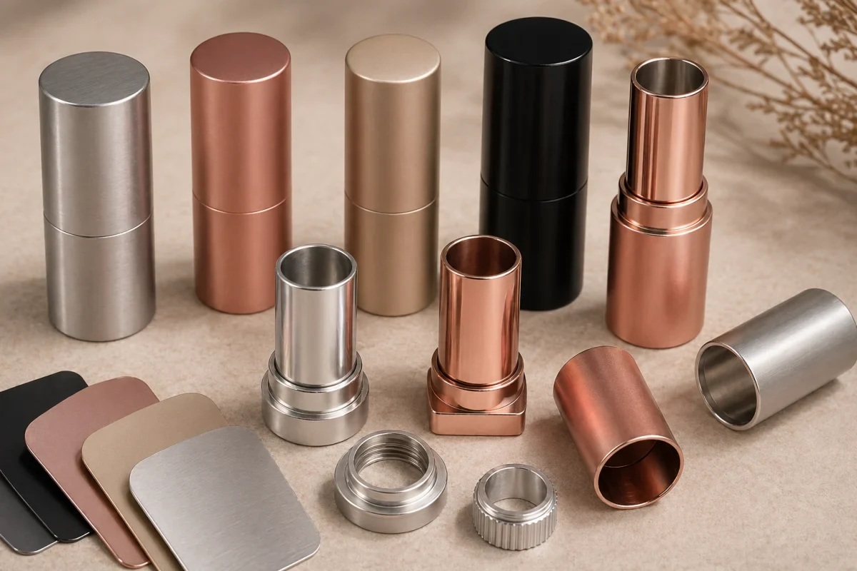 Aluminum lipstick packaging tube components with caps, shells, mechanisms and finish options