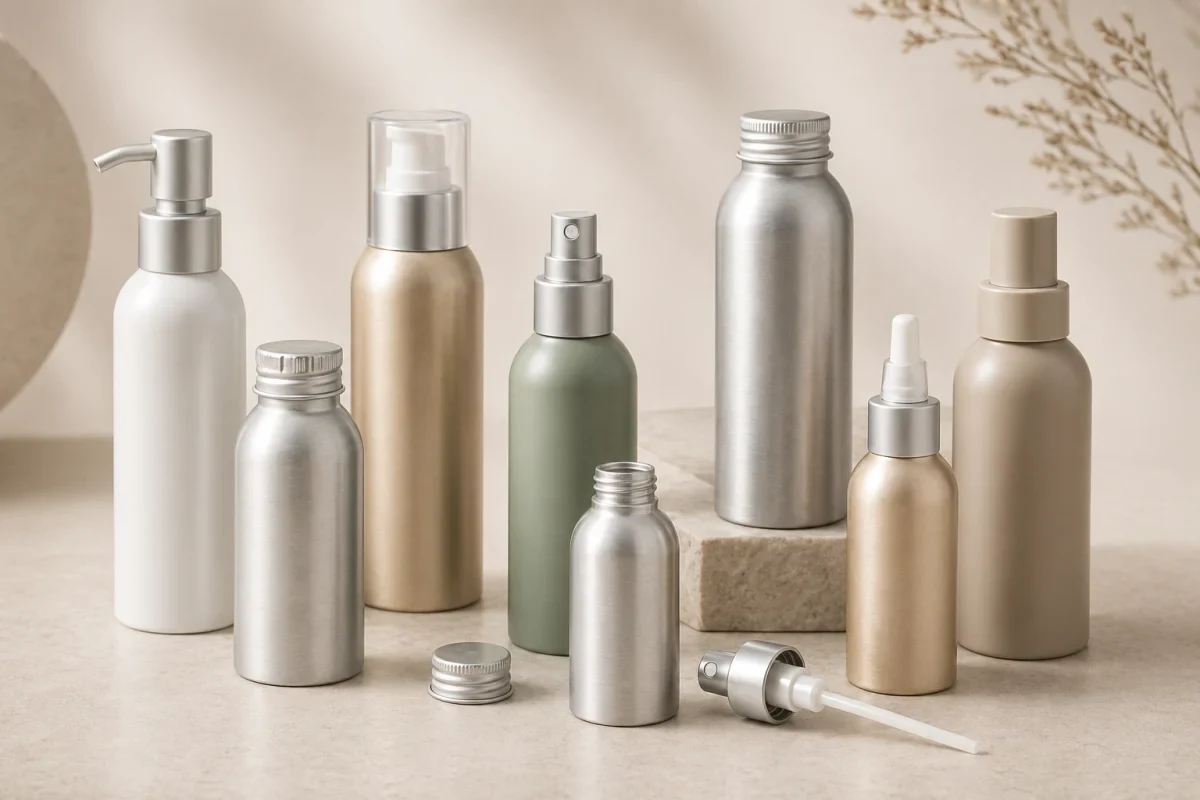 Aluminum toner bottles with spray pumps, caps and finish options for skincare sourcing
