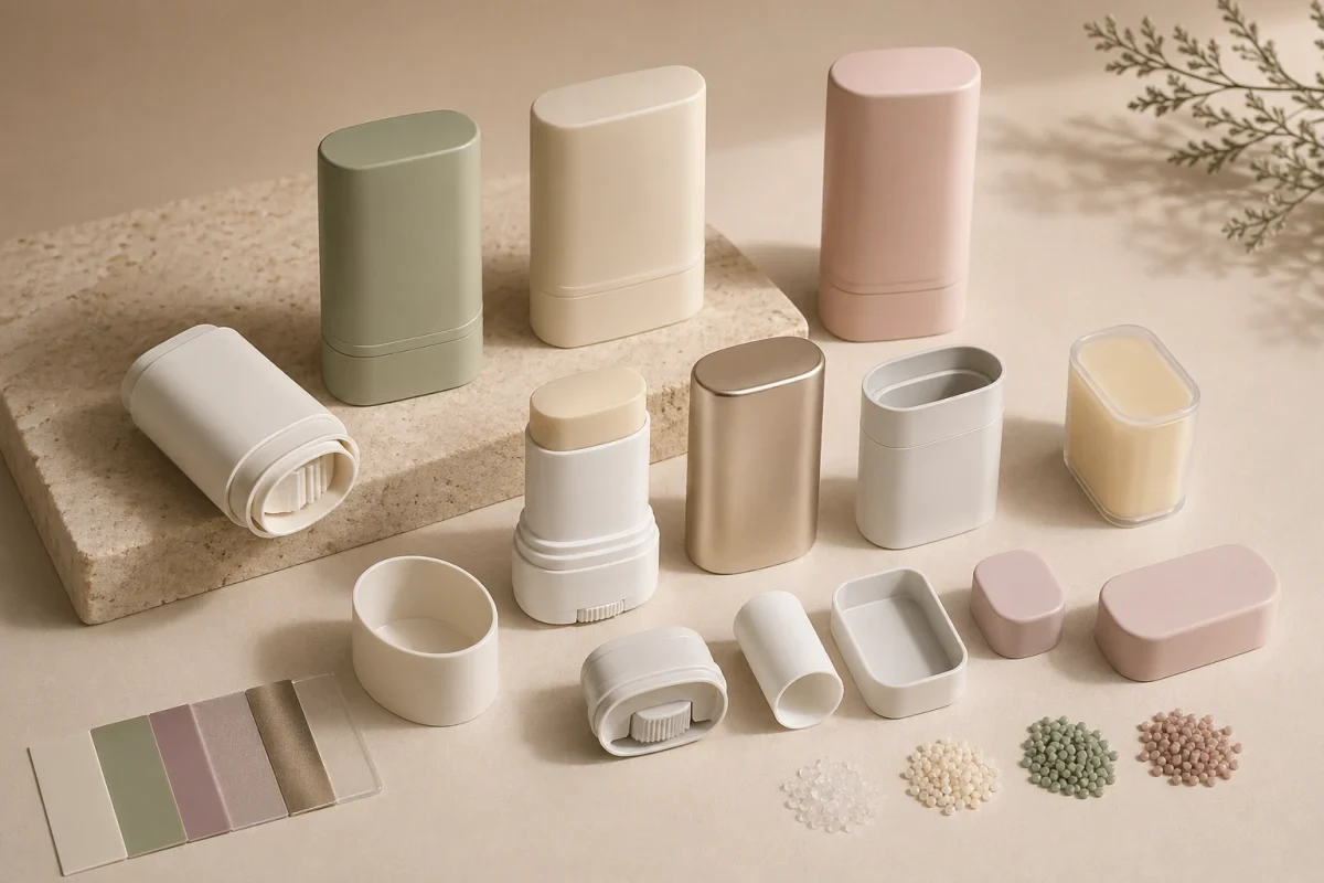 Beauty stick packaging component samples with color finishes, refill structure and PCR material swatches
