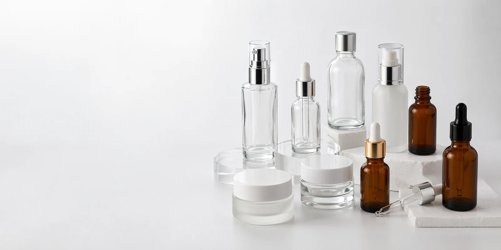 15ml glass skincare bottles with dropper, pump, cap and finish samples for formula testing