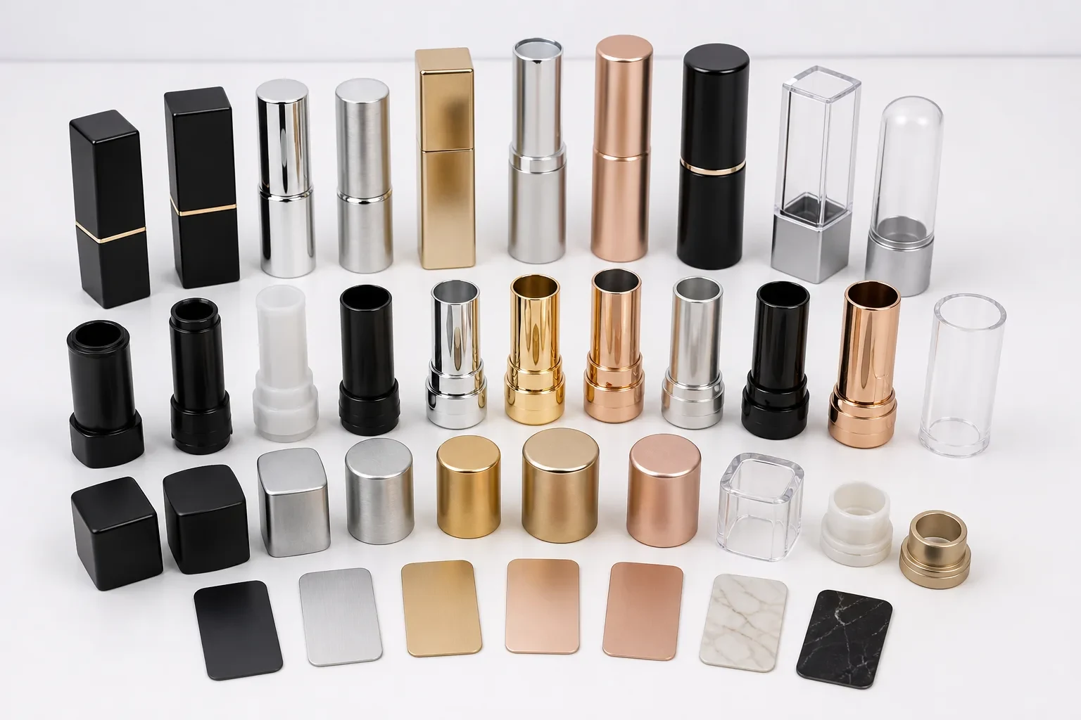 Empty lipstick container component options with shell, cap, cup, mechanism and finish samples