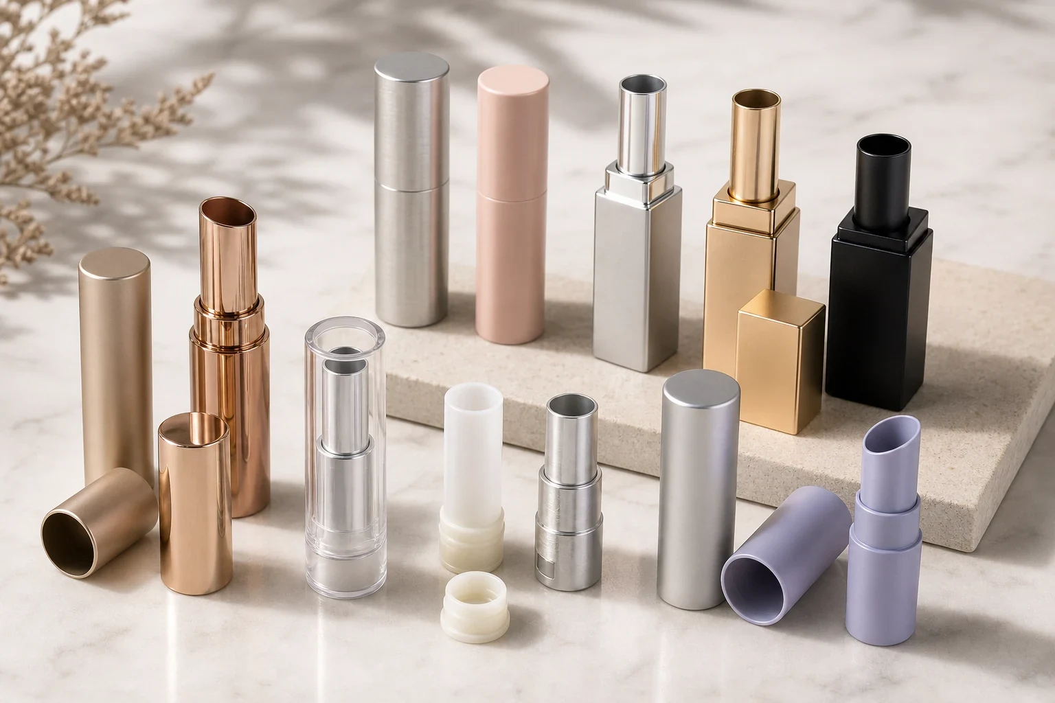 Empty lipstick container sample range with shells, caps, mechanisms and decoration options