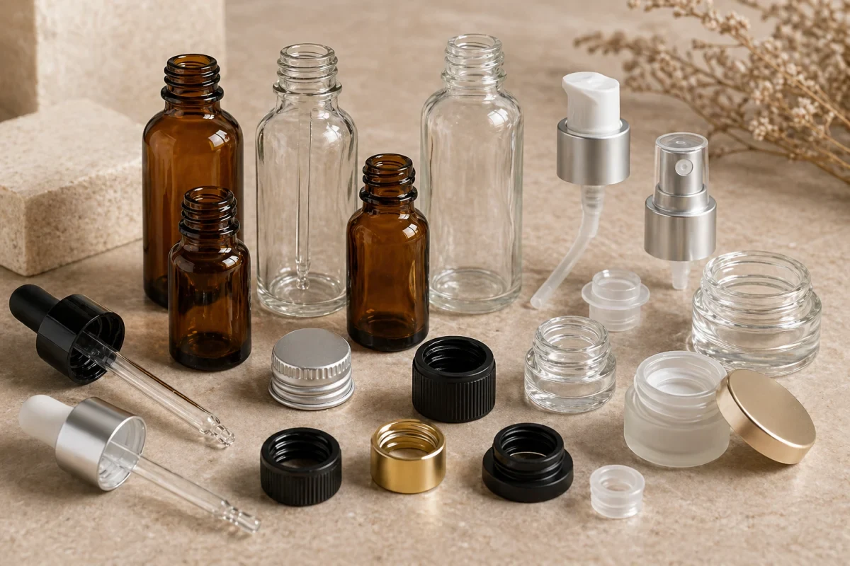 Glass skincare bottle component set with bottle bodies, droppers, pumps, caps and cartons