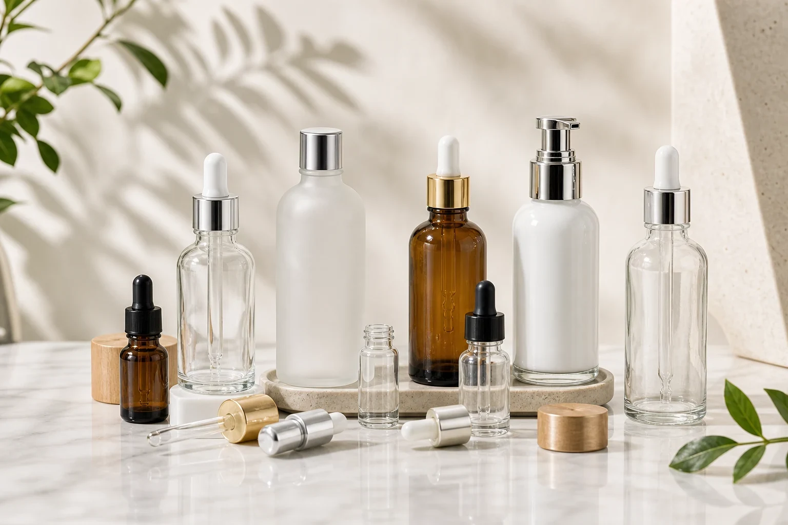 Glass serum bottles with dropper, pump, amber glass and clear glass options for skincare formulas