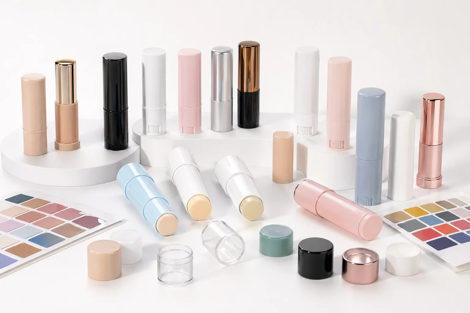 Low MOQ beauty stick packaging stock options with color caps, refill cups and sample quantities