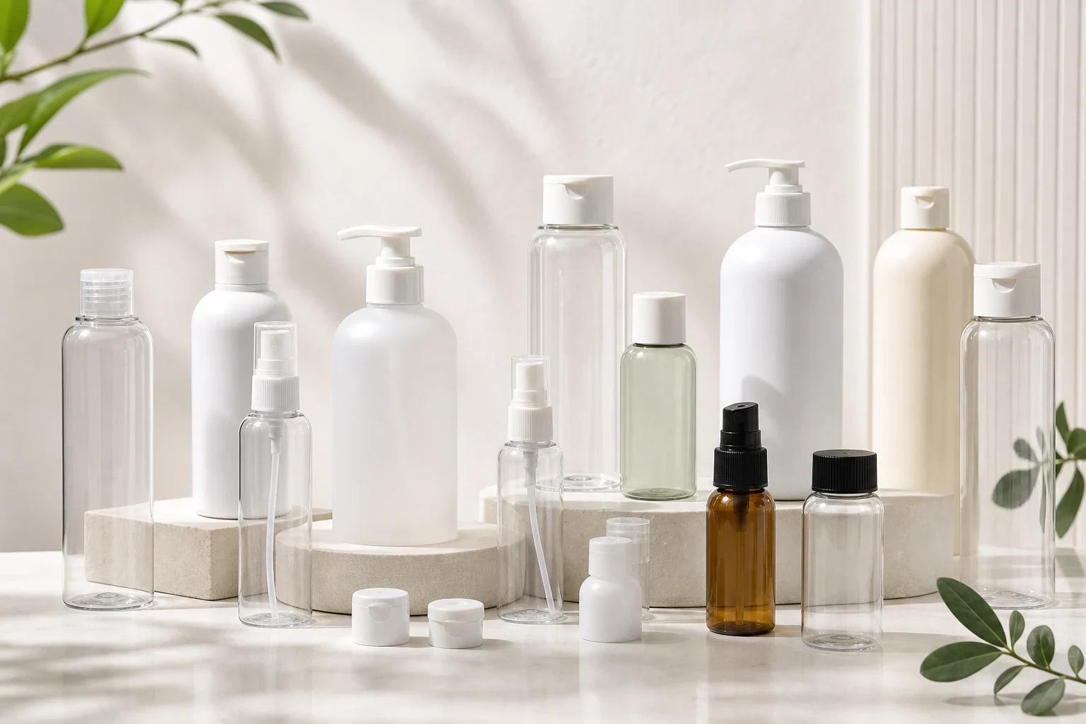 Plastic skincare bottle supplier sample range with PET, PP, pumps, caps and quote documents