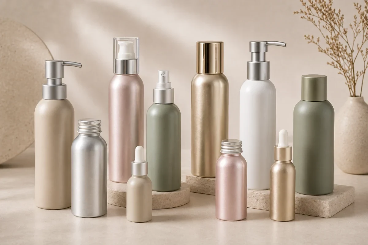 Trending aluminum skincare bottle finish options with matte, brushed, color and metallic samples