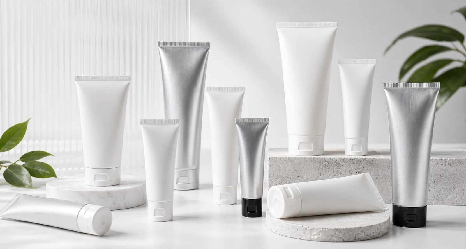 Makeup tottle packaging squeeze format range with caps, orifice reducers and formula samples