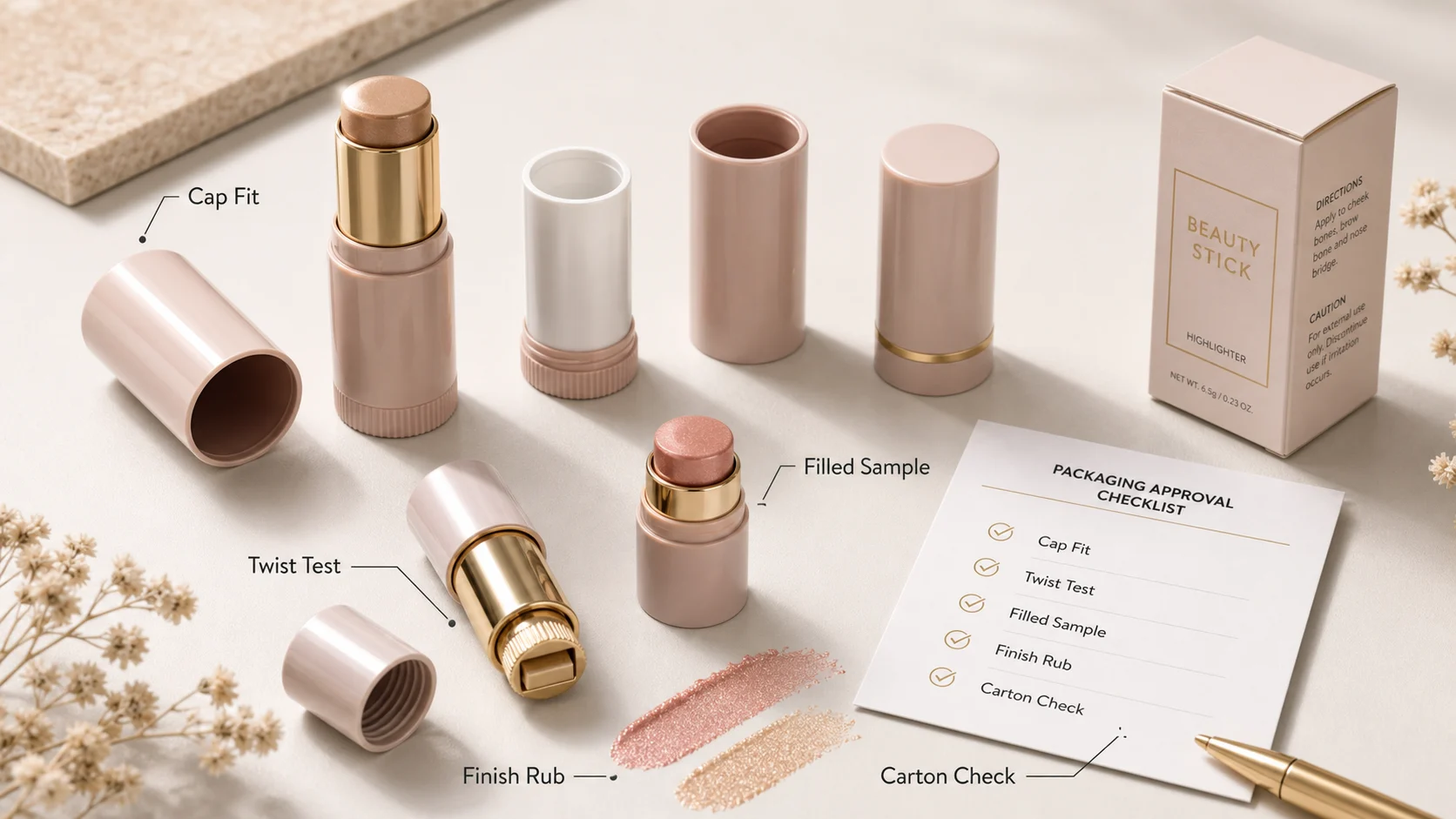 Makeup beauty stick packaging approval checks with cap fit, twist test, filled sample, finish rub and carton check