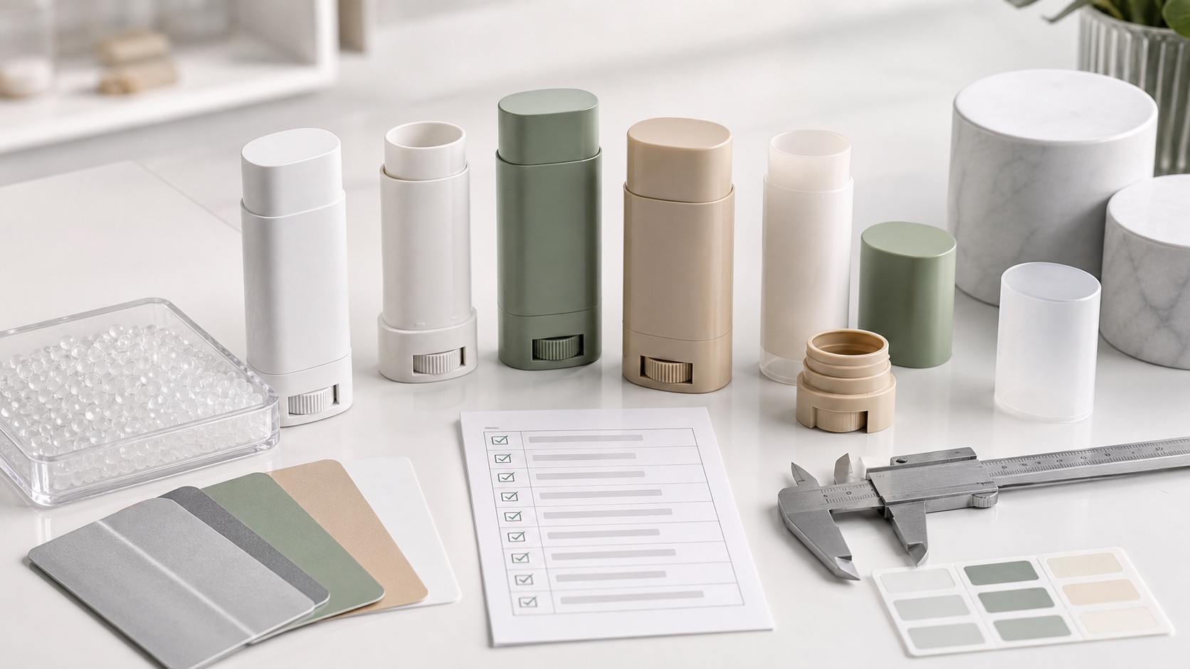 Photorealistic beauty stick packaging production samples with twist mechanisms, resin pellets, finish swatches and quality check materials