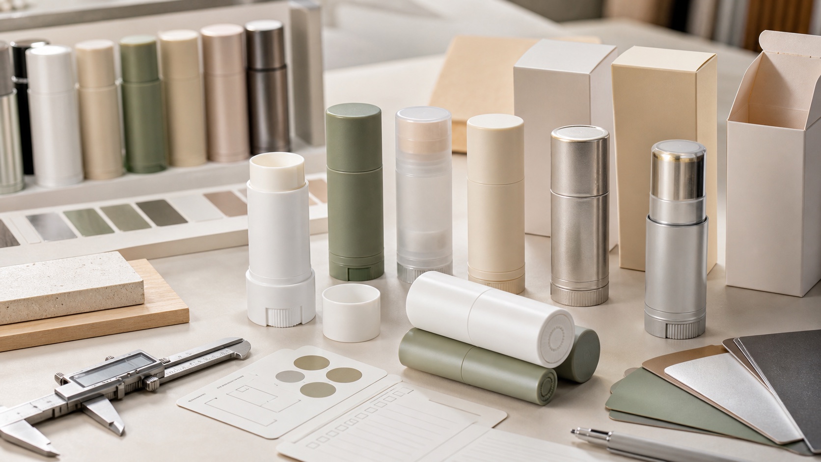 Photorealistic custom beauty stick packaging samples with color finishes, blank cartons, calipers and material swatches