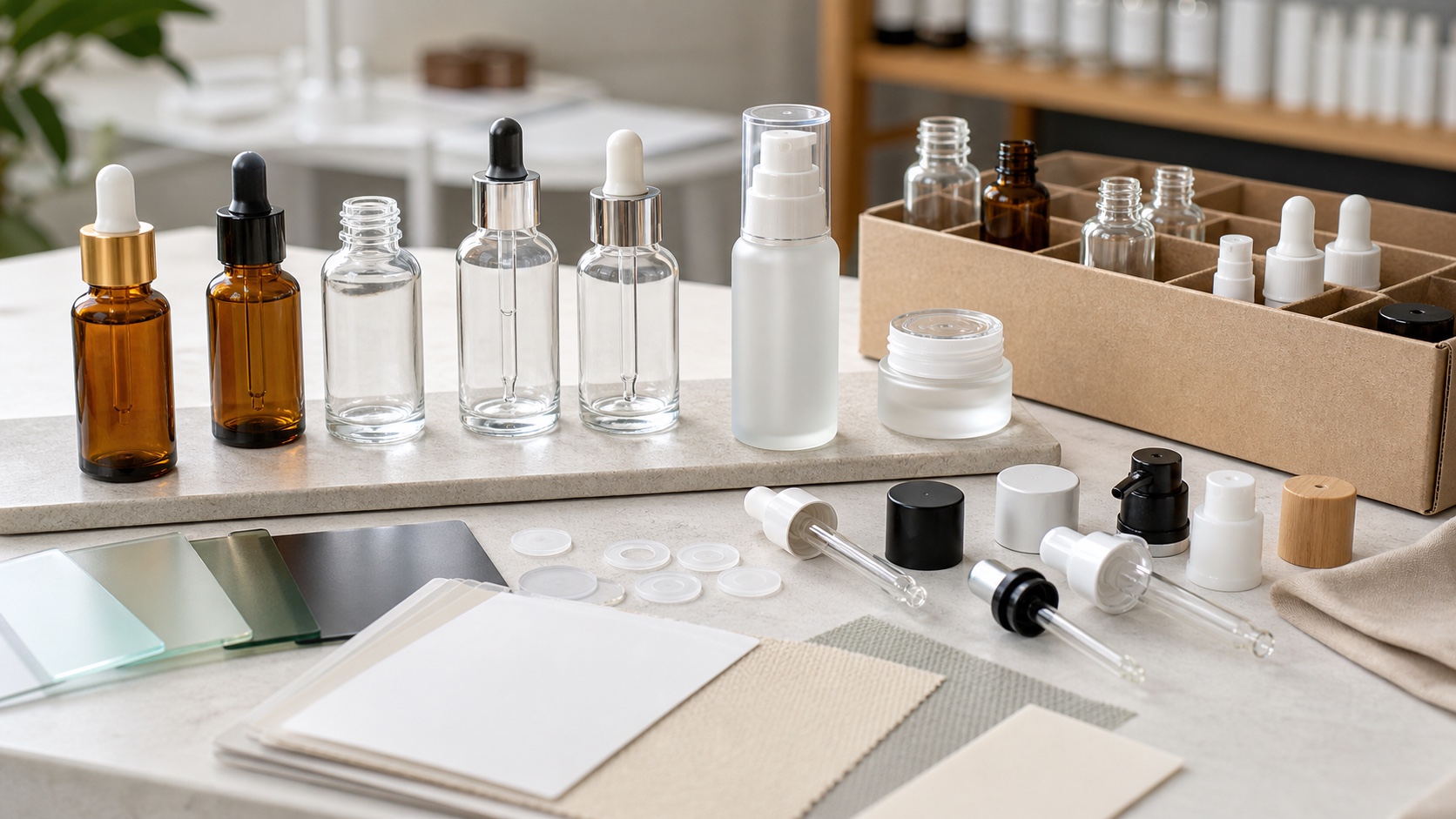 Photorealistic low MOQ glass bottle for skincare samples with droppers, pumps, glass jars, carton divider and finish swatches