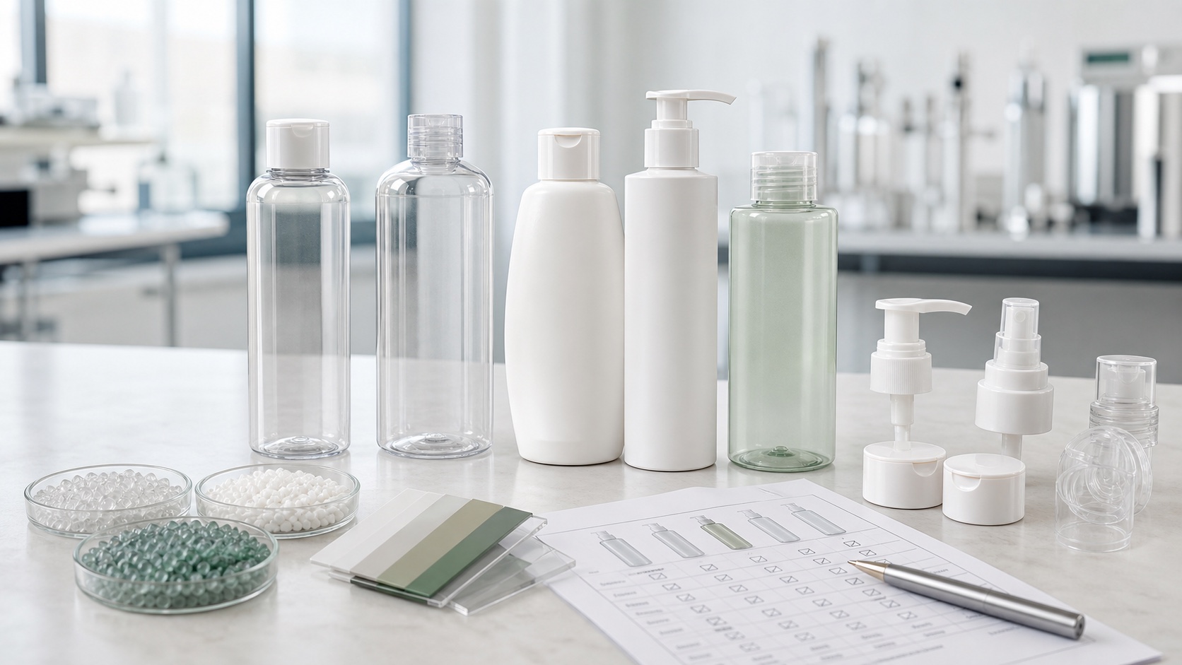 Photorealistic plastic bottles for skincare with PET, pump, sprayer, closure samples, resin pellets and material swatches