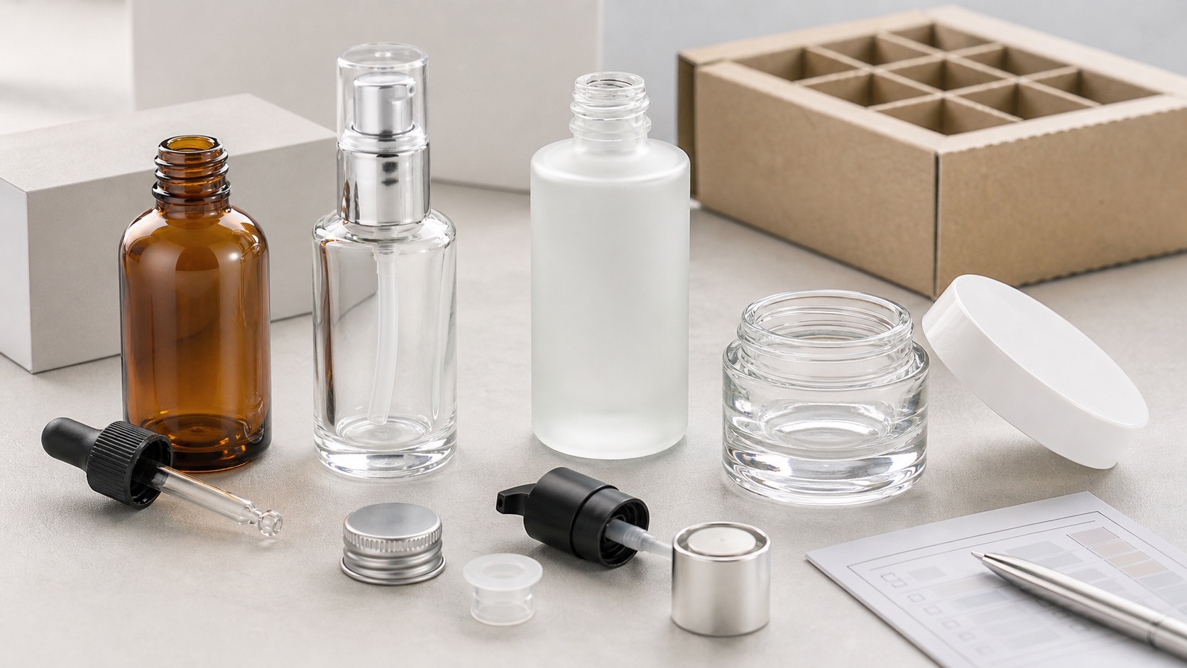Photorealistic skincare glass bottle samples with amber bottle, frosted bottle, cream jar, closures and protective carton divider