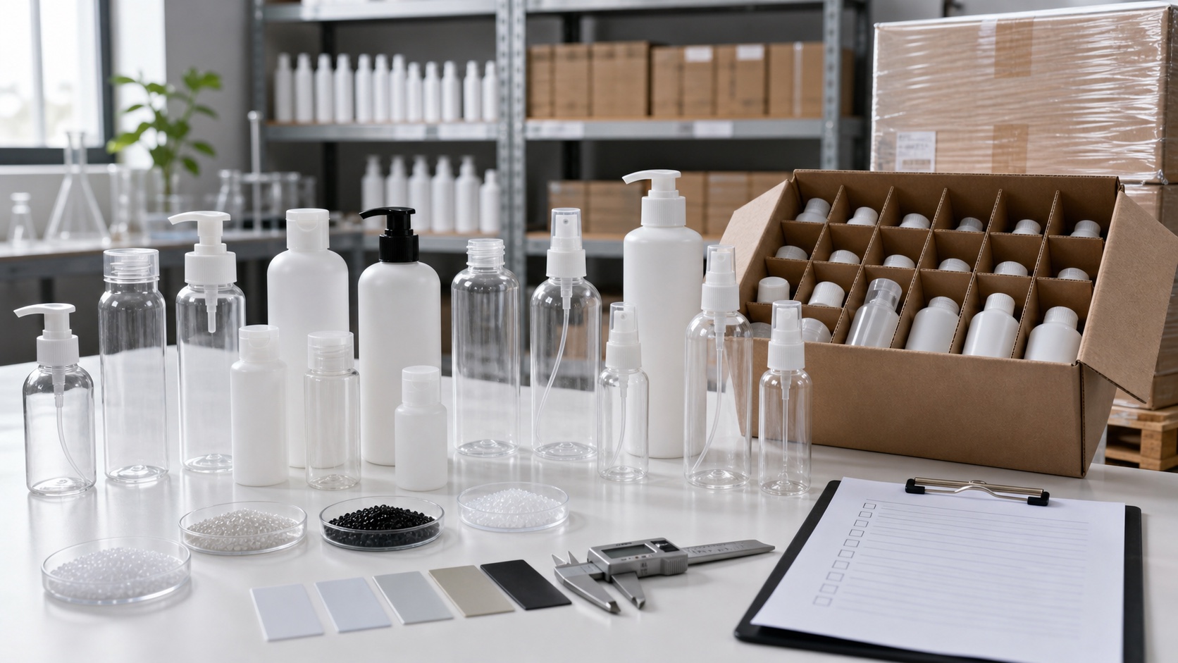 Photorealistic wholesale plastic bottle for skincare sourcing table with bottle samples, closures, cartons and inspection materials