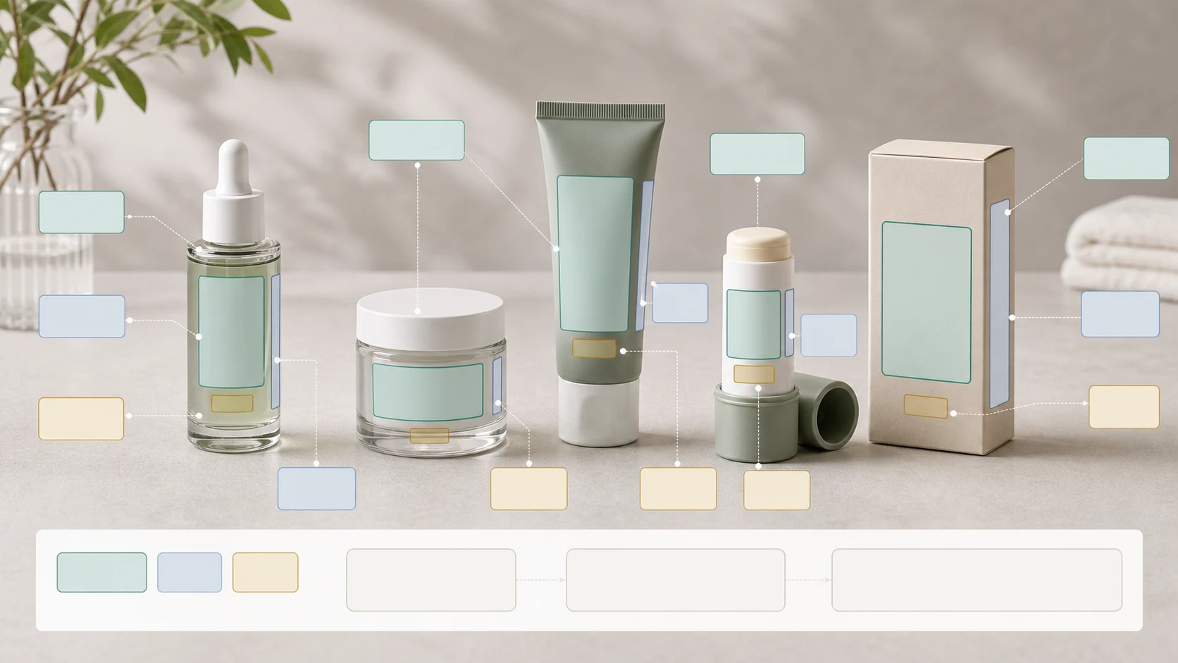 Cosmetic label panel planning for bottles jars tubes sticks and cartons