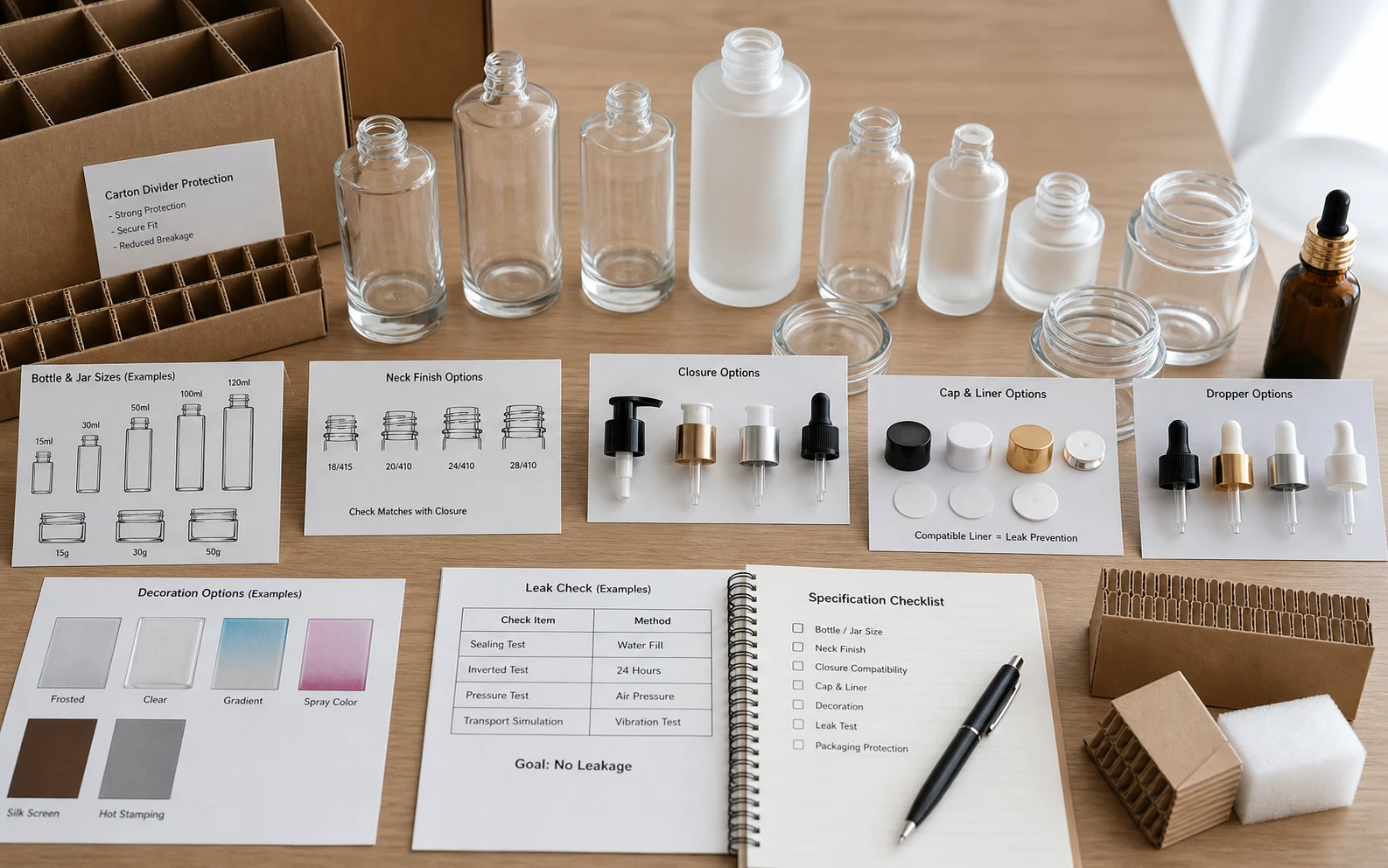 Glass bottle and jar specification checks for cosmetic packaging