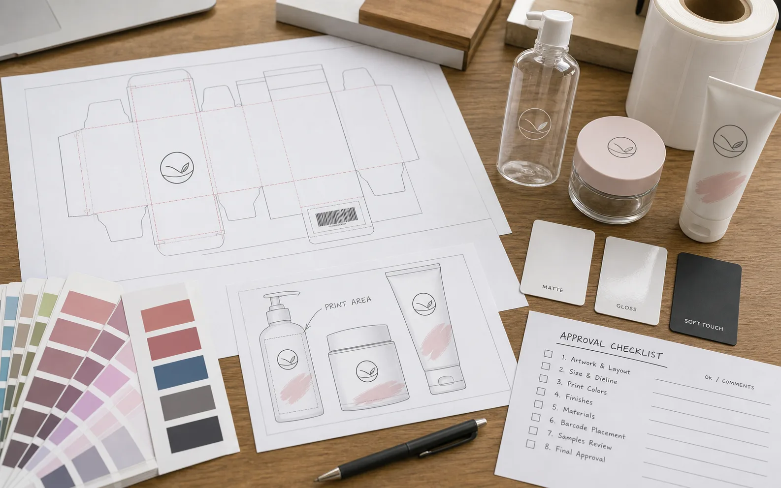 Cosmetic packaging artwork proofing checklist with dielines color swatches and sample containers