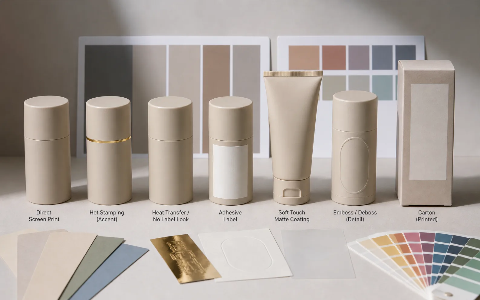 Cosmetic packaging decoration method comparison with labels, screen print, hot stamping, and coating samples
