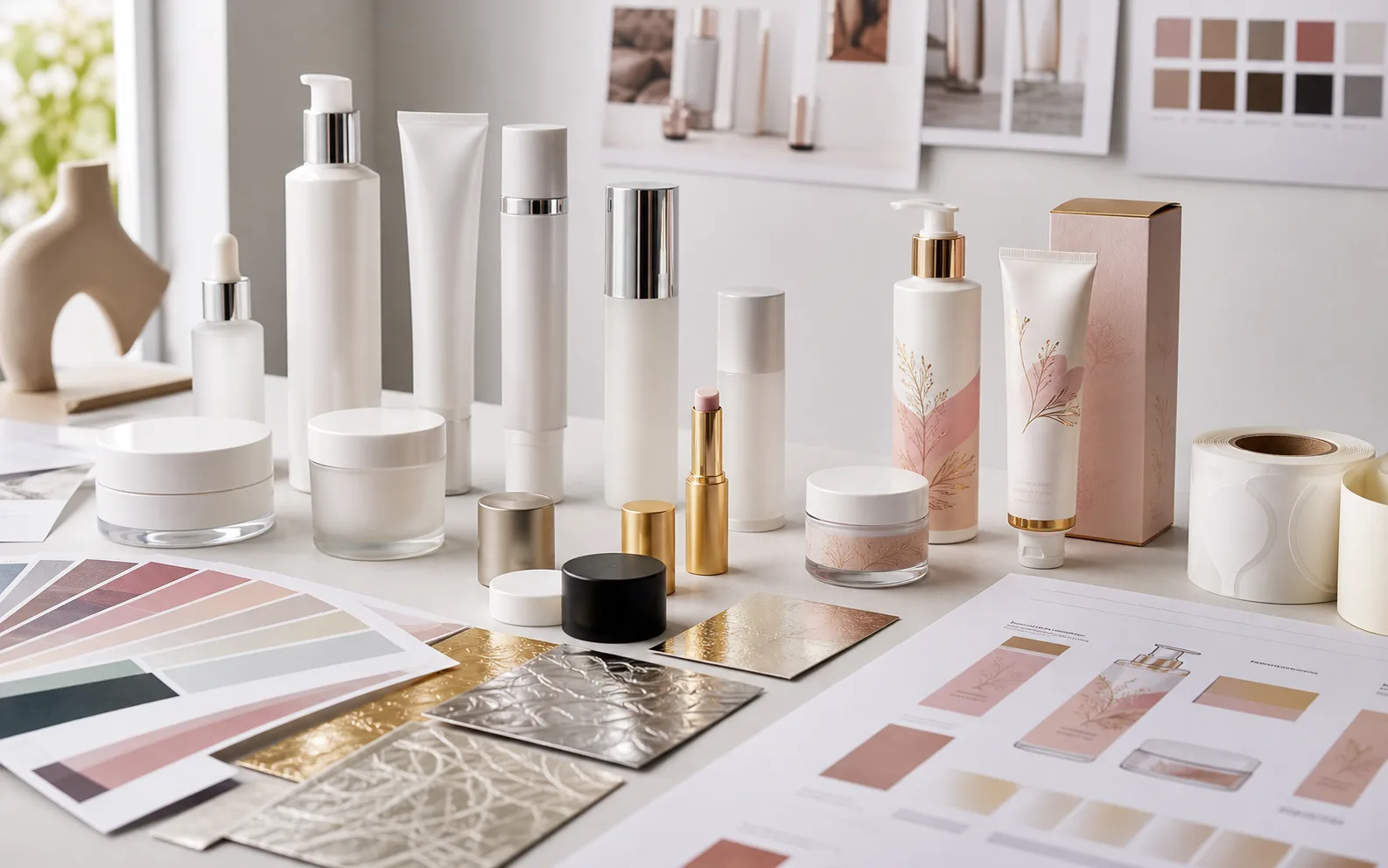 Cosmetic packaging decoration and labeling samples with artwork proofs and color swatches