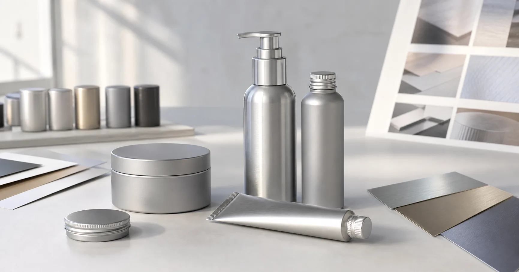 Aluminum cosmetic packaging formats with bottles, jars, tubes, tins, and finish swatches
