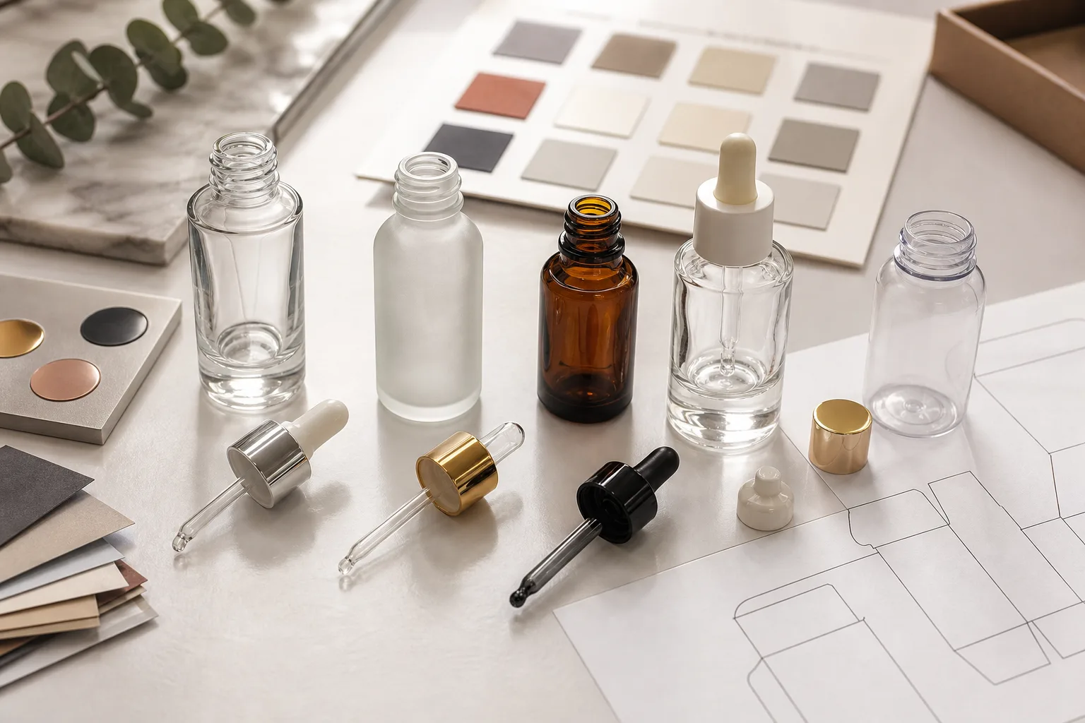 Cosmetic dropper bottles for serums oils and treatments with pipettes bulbs and glass bottle options