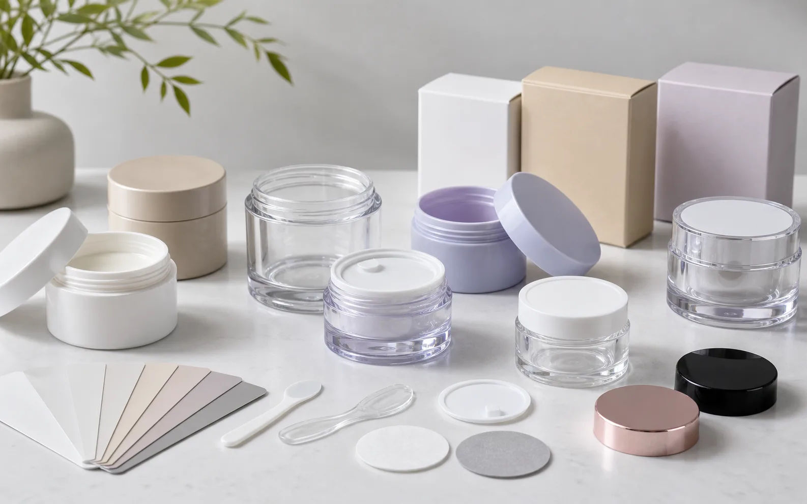 Plastic cosmetic jars with lids, liners, spatulas, and color swatches for skincare packaging selection