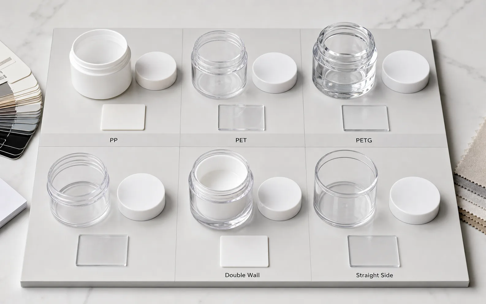 PP, PET, PETG, single-wall, double-wall, and straight-sided cosmetic jar formats arranged for comparison