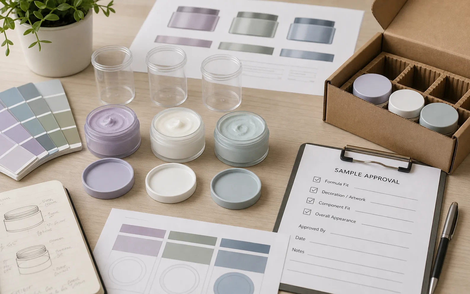 Filled plastic cosmetic jar samples with color chips, liners, artwork proofs, and RFQ checklist materials