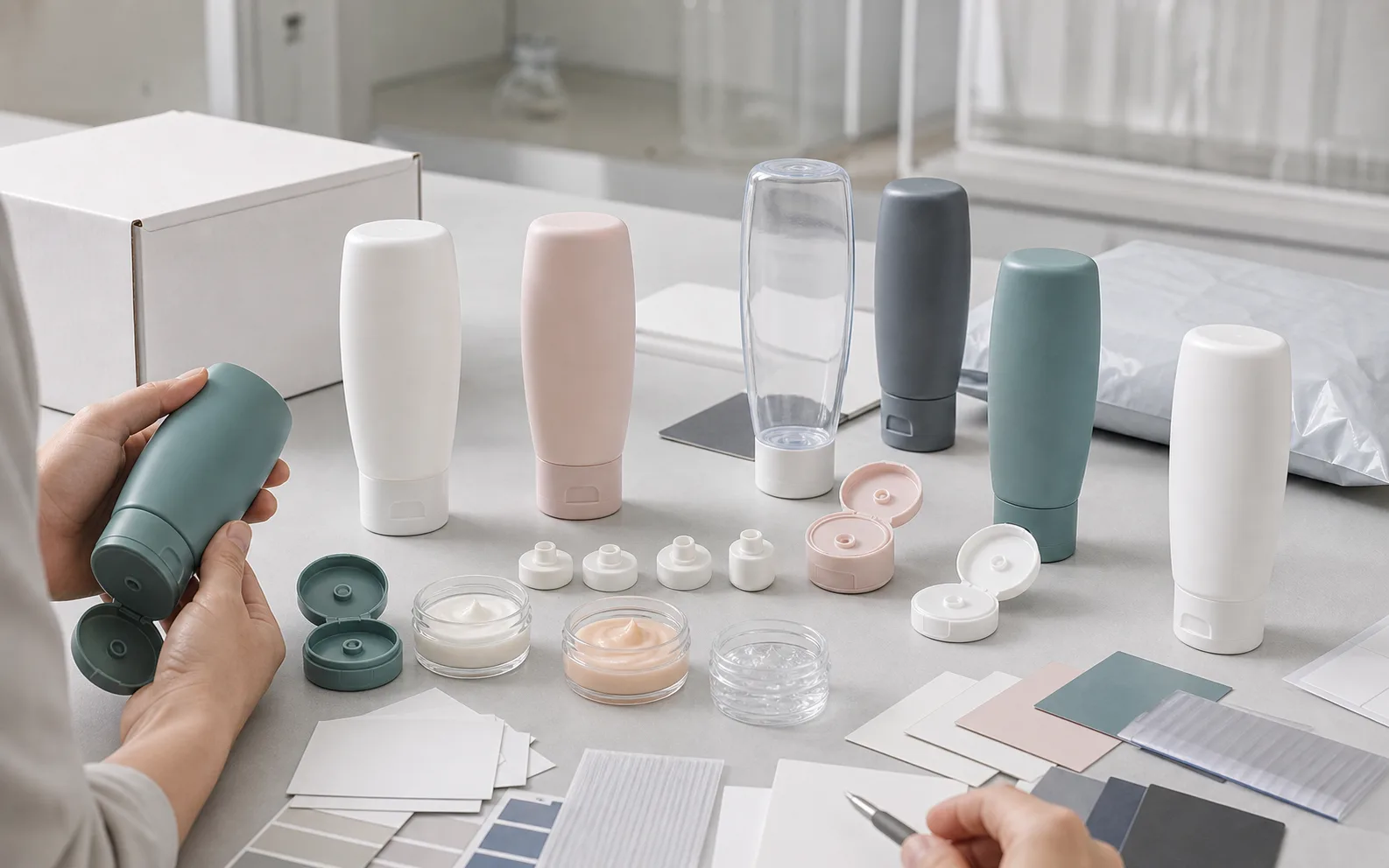 Unbranded tottle packaging samples with open flip top caps, orifice pieces, formula cups, swatches, and blank approval cards