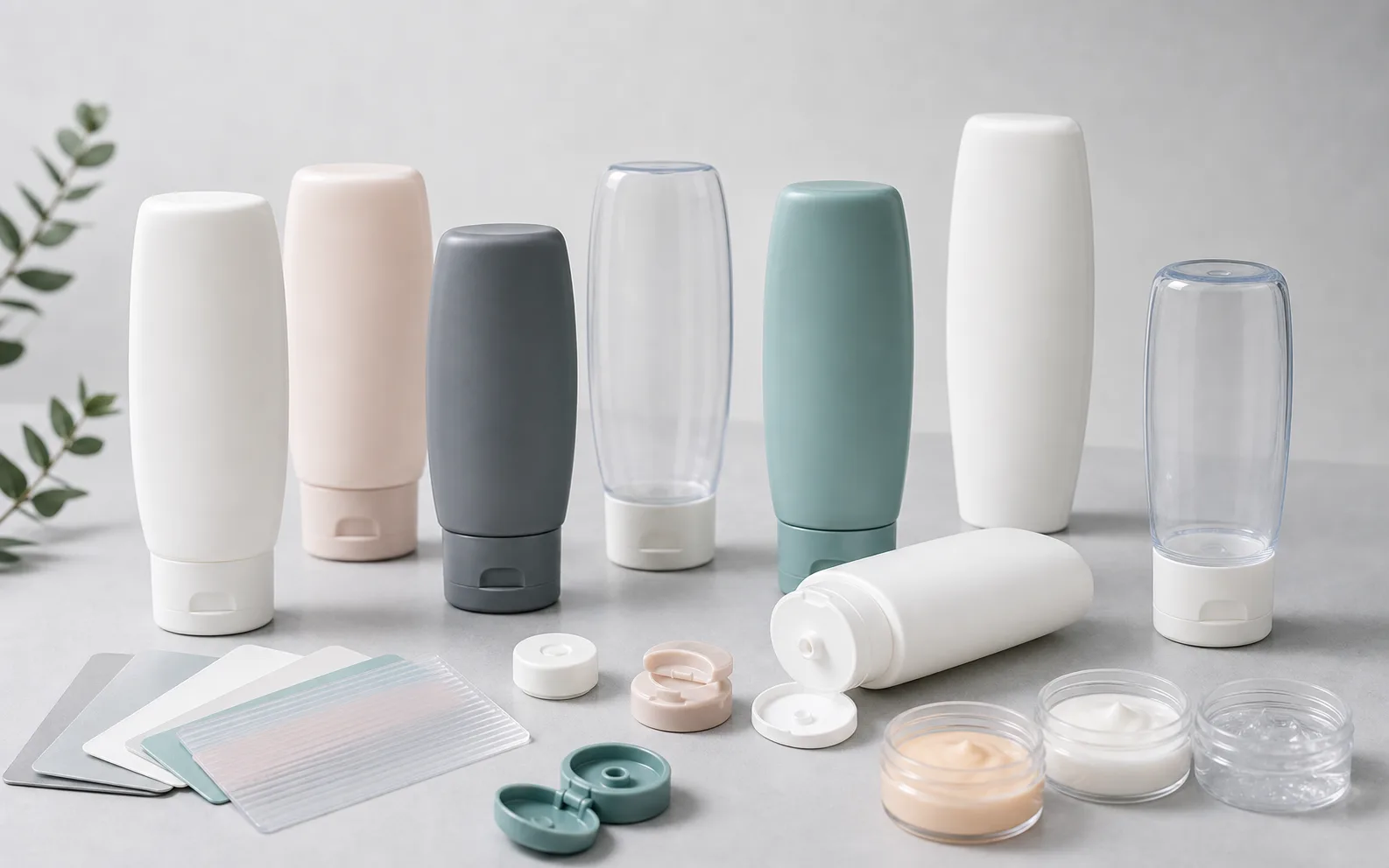 Unbranded cosmetic tottle packaging samples with flip top caps, material swatches, and lotion sample cups