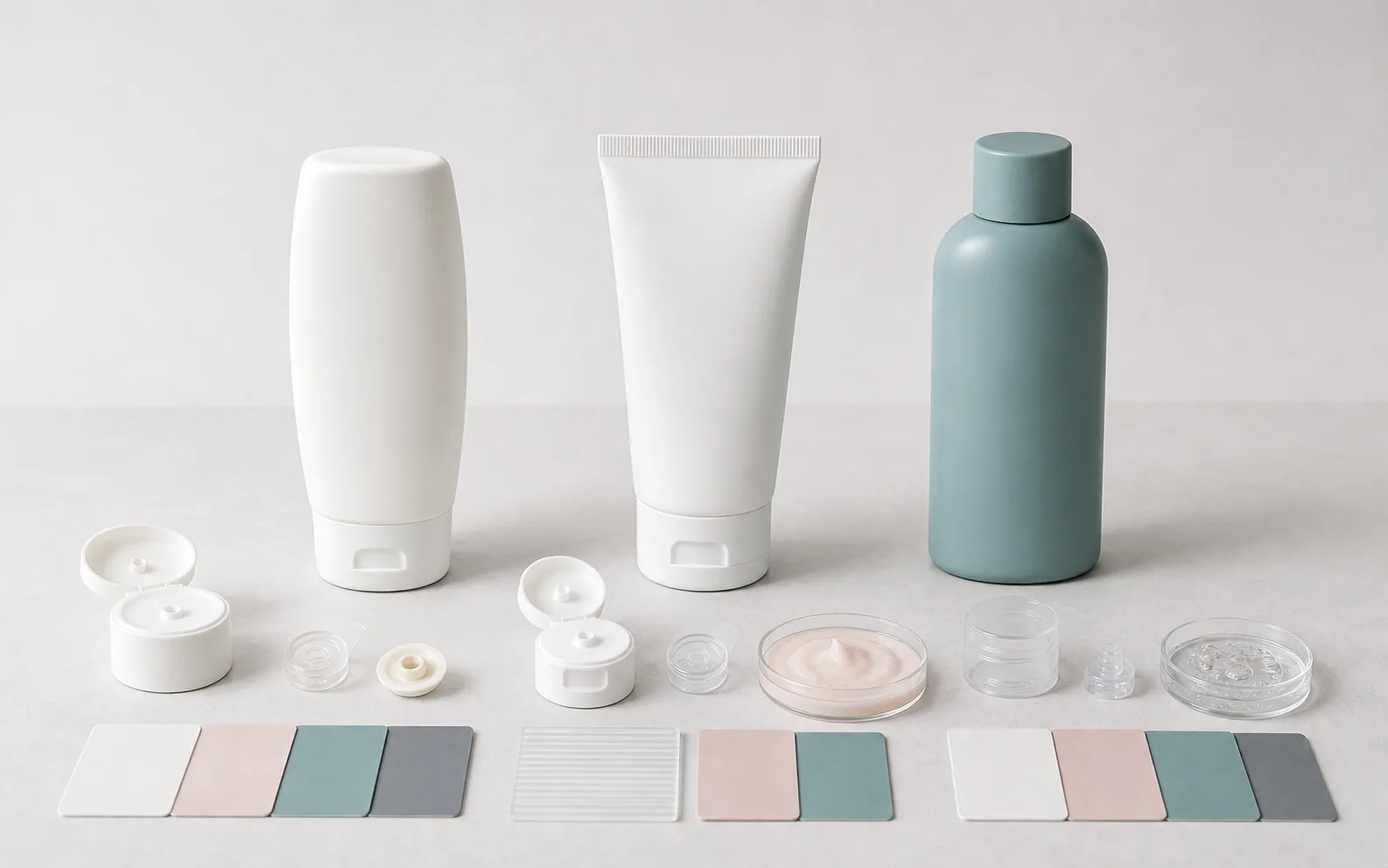 Unbranded comparison of a tottle bottle, cosmetic squeeze tube, and upright plastic bottle with caps and material samples