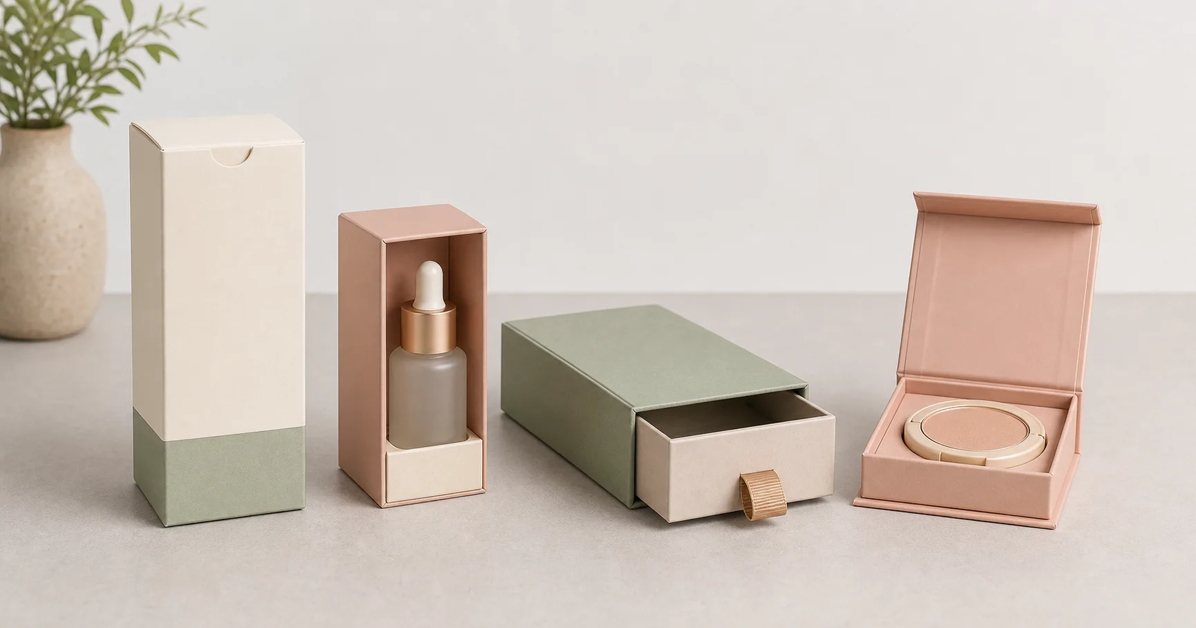 Cosmetic folding carton, sleeve box, drawer box and set box formats for skincare and makeup packaging