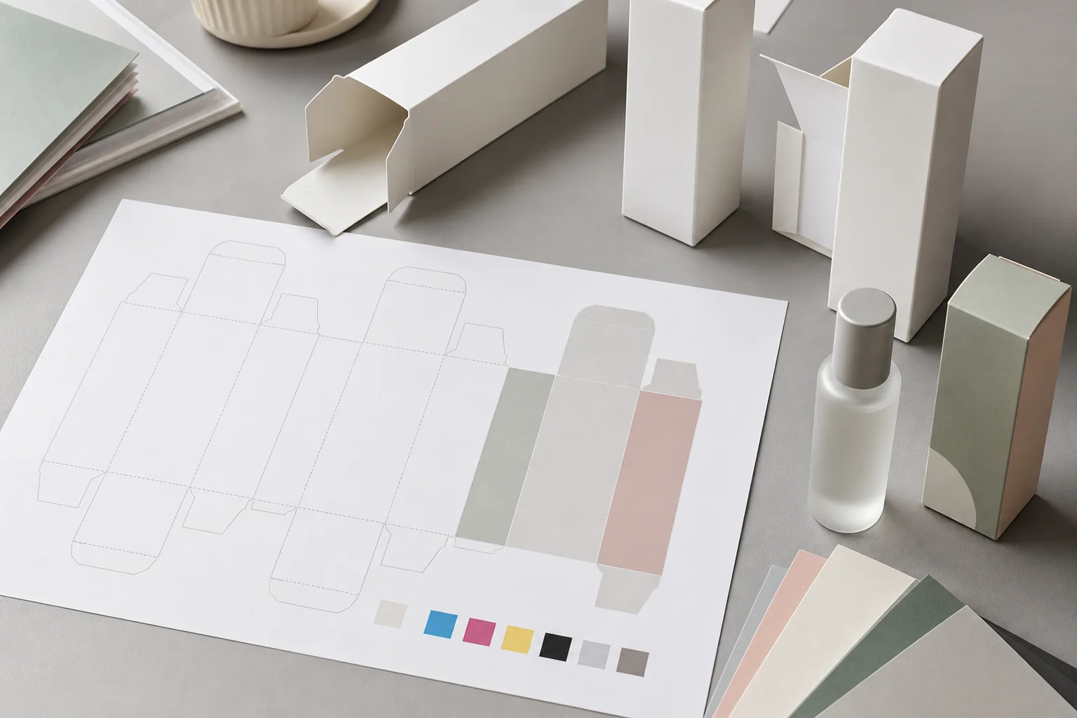 Cosmetic carton artwork proof with dieline sheet, paperboard swatches and blank packaging samples