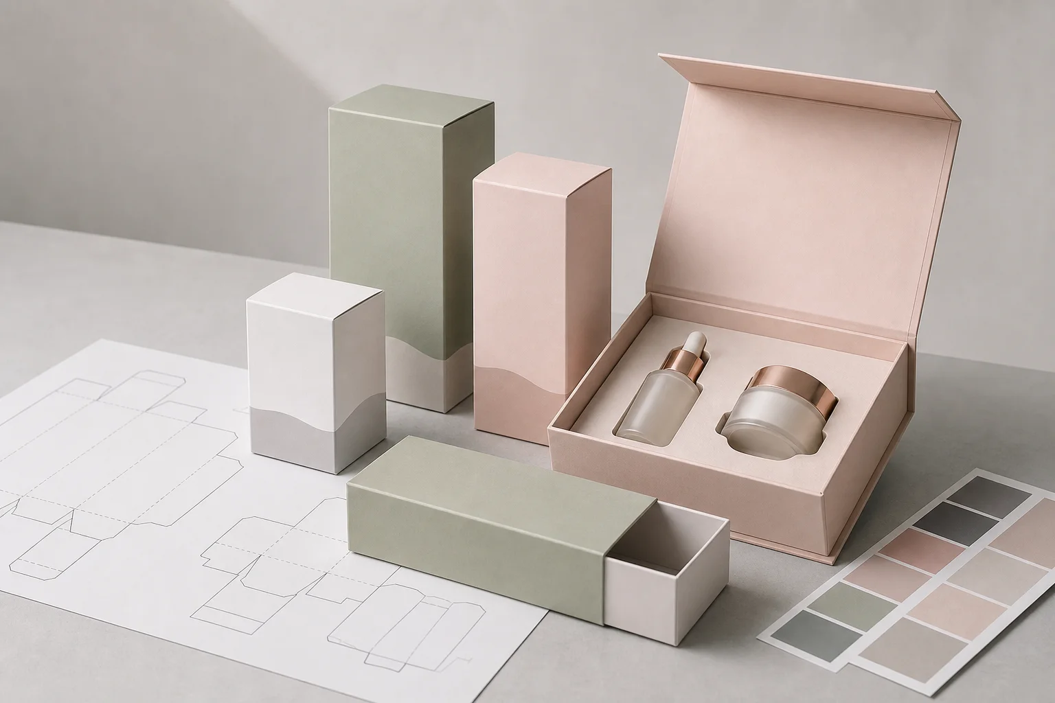 Cosmetic packaging boxes, set box insert, dieline sheet and paperboard color swatches for a beauty packaging guide