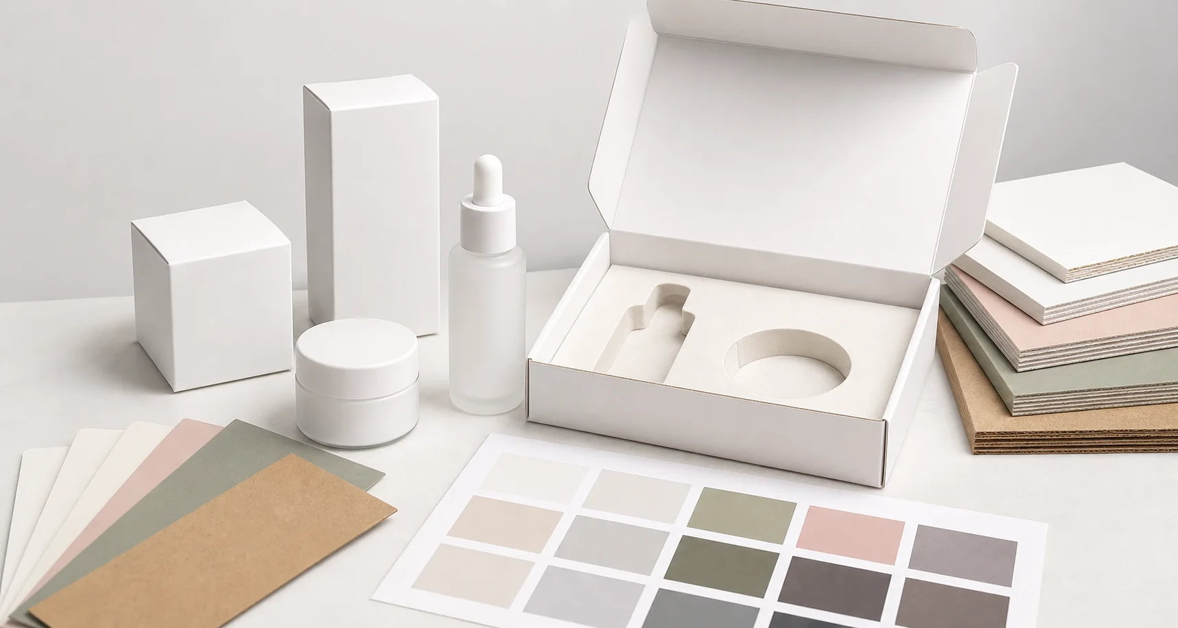 Cosmetic packaging sample review setup with blank carton samples, set box insert and paperboard swatches