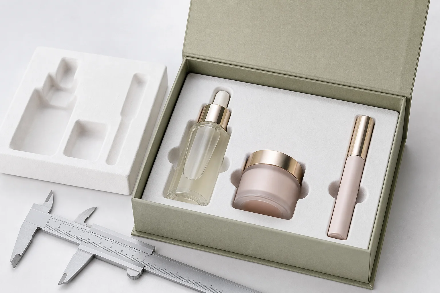 Cosmetic set box insert holding a serum bottle, cream jar and slim makeup tube for fit checking