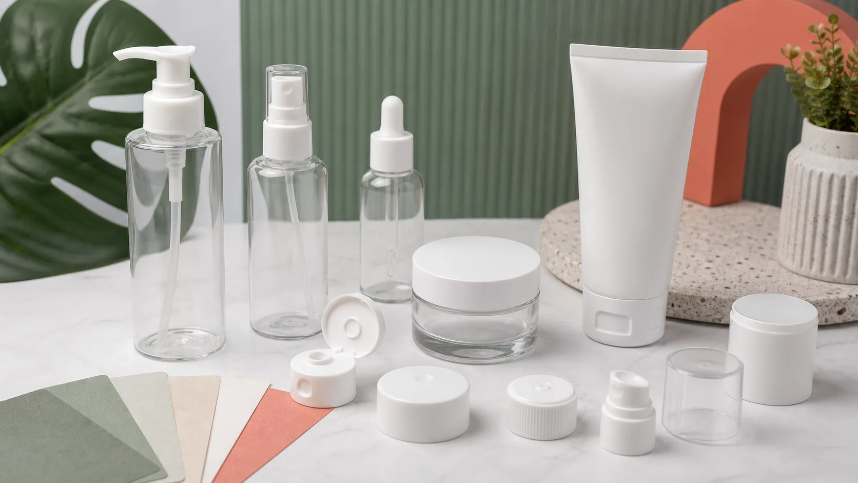 Cosmetic bottles tubes jars pumps sprayers droppers and assorted caps for closure selection