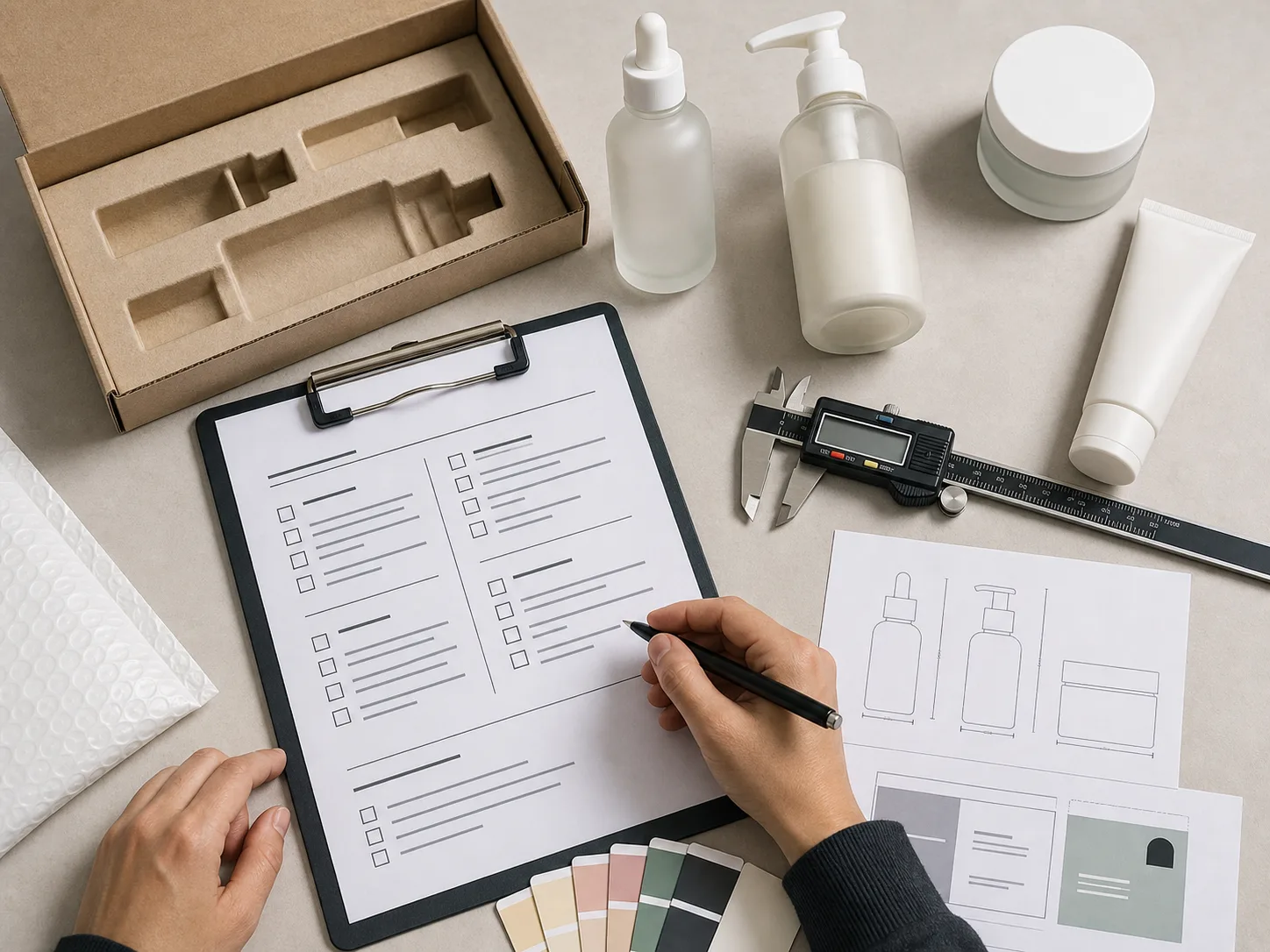 Cosmetic packaging brief checklist with samples and caliper