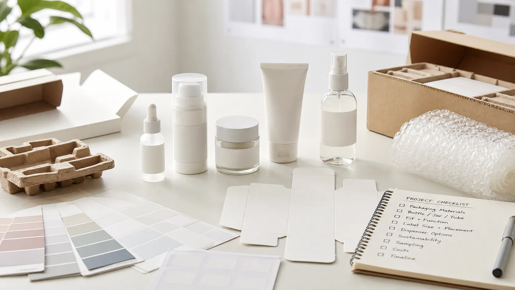 Startup cosmetic packaging sourcing desk with samples and checklist