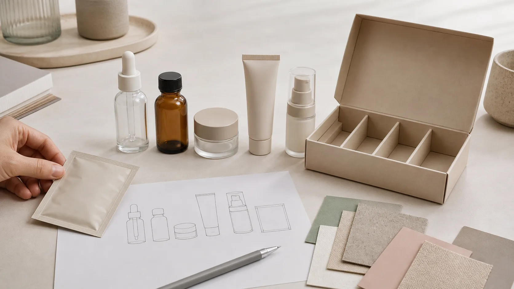 Sample-size cosmetic packaging formats arranged for program planning