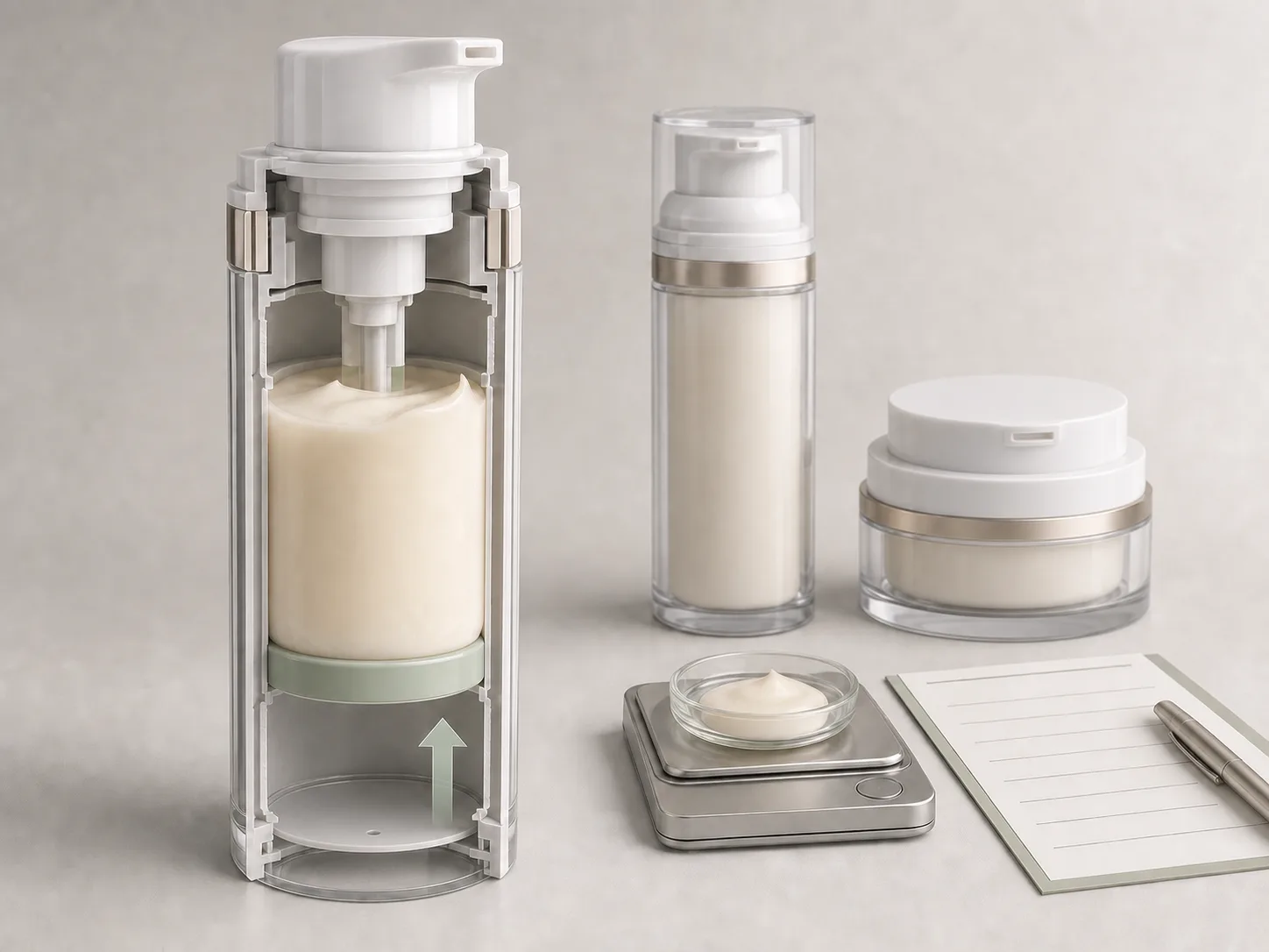 Cutaway airless pump bottle and filled sample inspection setup