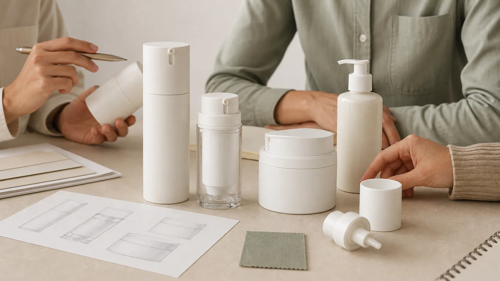 Airless skincare packaging bottles and jar arranged for system selection